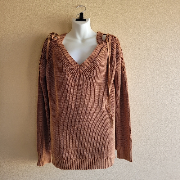 Do+BE Women's Lace Up Open Shoulder Cable Knit Sweater Raw Sieena Size M - Picture 12 of 12